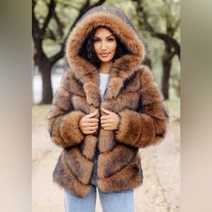 Fabulous Furs Cedar Fox Faux Fur Chateau Chevron Hooded Coat